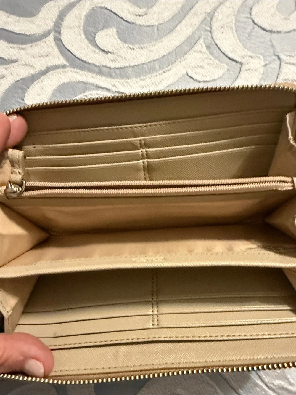 Coach Beige Taupe Leather Wallet with Bow Accent full zip